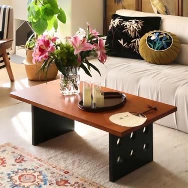 Imagem de Mesa de centro retangular, mesa de sala de estar de pinho maciço feita à mão, mesa de sofá de madeira, móveis rústicos para interiores modernos e de casas de fazenda