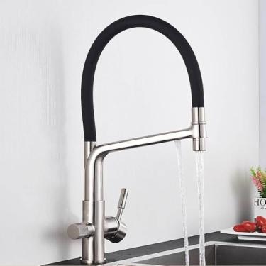 Imagem de Torneira de pia de cozinha dourada escovada, misturador de filtro de água pura, guindaste com alça dupla, purificação de água quente e fria, níquel escovado