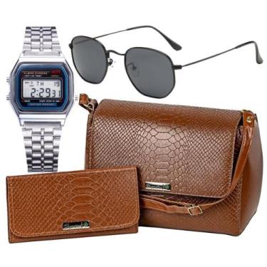 Imagem de Bolsa Feminina Lateral e Transversal Croco Regulável e Carteira de Mão