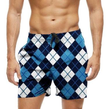 Imagem de Short Praia Shorts Banho Bermuda Verão Xadrez Azul Crochê 601 - SMOKE,