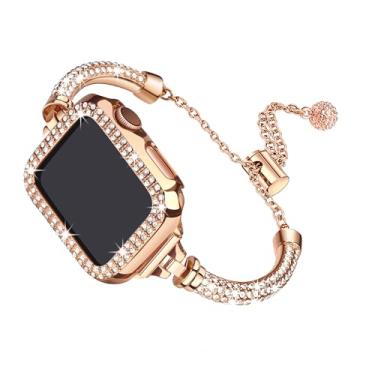 Imagem de Secbolt Pulseiras brilhantes compatíveis com Apple Watch de 40 mm com capa, pulseira de metal elegante feminina com amortecedor de strass para iWatch SE Series 6/5/4, ouro rosa