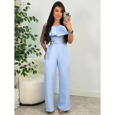 Imagem de Macacão Longo Feminino Pantalona Babado Com Cinto Fashion Festa Fim de