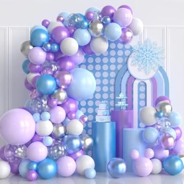 Imagem de Kit de arco de guirlanda de balões congelados, 124 peças azul roxo prata floco de neve confetes balões arco de látex para aniversário, chá de bebê, inverno país das maravilhas neve tema congelado