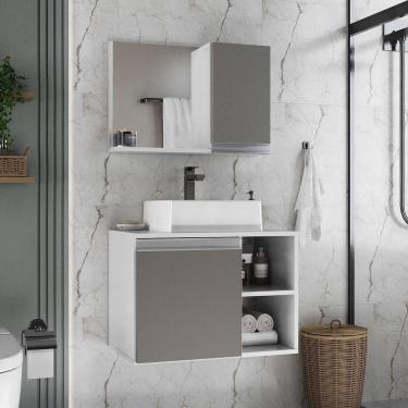 Imagem de Conjunto Gabinete Banheiro Virtus 60cm - Gabinete + Cuba + Espelheira Branco Cinza