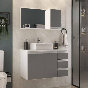 Imagem de Conjunto Gabinete Banheiro Prisma 80cm Gabinete + Cuba + Espelheira Com Vidro Branco Cinza