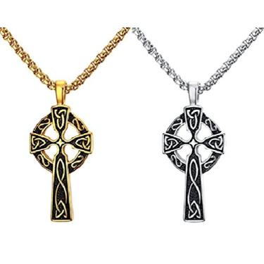 Imagem de Pacote com 2 colares masculinos punk com pingente de cruz celta grande nó irlandês, corrente de caixa de 61 cm (cores douradas e prateadas)