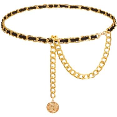 Imagem de Liutufy Cintos femininos modernos de tecido flocado em camadas corrente de cintura de metal para colete social jeans, S: 35.4 in/90 cm, Metal não precioso