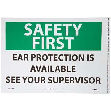Imagem de NMC SF156PB OSHA Sign, Legend "Safety First - Ear Protection is Available See Your Supervisor", 35,5 cm Comprimento x 25,4 cm Altura, Vinil Sensível à Pressão, Preto/Verde em Branco