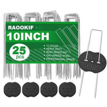 Imagem de RAOOKIF Grampos de paisagem galvanizados de 25 polegadas (25 peças) + juntas tampão (25 peças), estacas de jardim de metal calibre 11, pinos de gramado em forma de U, estacas de solo resistentes para