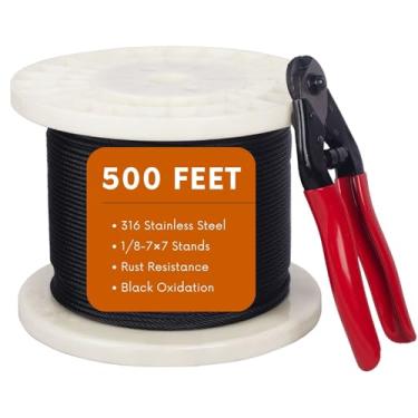 Imagem de Senmit Cabo de Corda de Arame Preto de 500 Pés e 1/8 Pol., Aço Inoxidável T316 de Grau Marinho para Corrimãos, Escadas e Cercas - Construção Flexível de 7 X 7 Fios