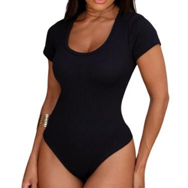 Imagem de Body Feminino Básico Liso Decotado Manga Curta Canelado - LUNNA, Preto