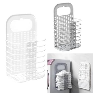 Imagem de Cesto Organizador Dobrável de Parede, 45 x 30 x 17 cm, Branco e Cinza, para Lavanderia e Cozinha