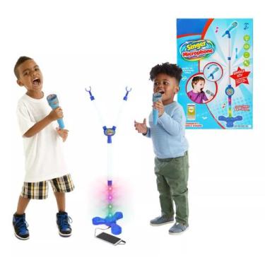 Imagem de Microfone Duplo Para Criança Infantil Com Pedestal Azul Mp3 - 99 TOYS