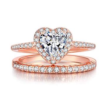 Imagem de XIALV Conjunto de anéis femininos modernos em forma de coração 18K ouro rosa CZ casamento noivado noiva eternidade conjunto de joias presente (código dos EUA 7)