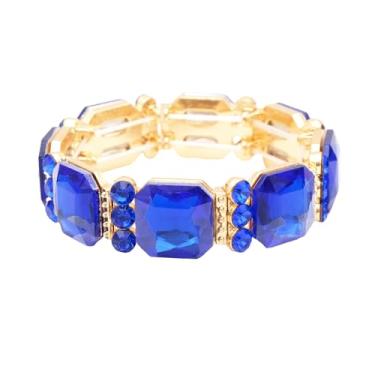 Imagem de chaoyite Pulseira de cristal com corte octógono quadrado largo elástico para mulheres, festa noturna, casamento, acessório de fantasia de noiva #BAN01, 7 inches, Metal, Cristal