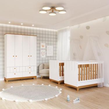 Imagem de Quarto Bebê Gêmeos com 2 Berços Mini Cama e Guarda Roupa 4 portas Liza
