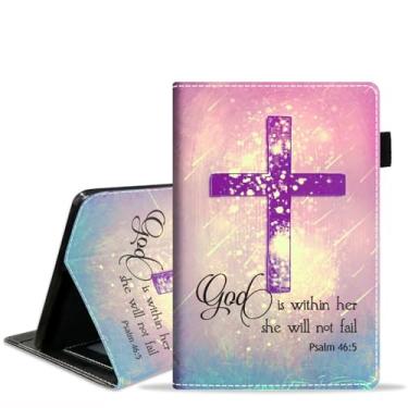 Imagem de BXIKEOPIU Capa para tablet Amazon Kindle Fire 7 (7 polegadas, 12ª geração, versão 2022), capa fólio fina de couro PU com compartimento para cartão e hibernação automática, citação cristã, versículo