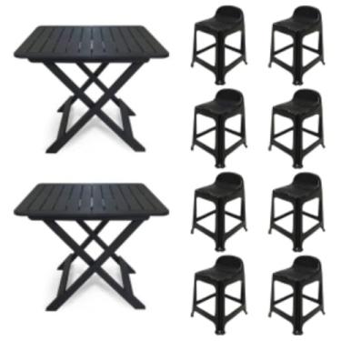 Imagem de 2 Mesas Quadradas Dobráveis 80x72cm Preta + 8 Banquetas Com Encosto