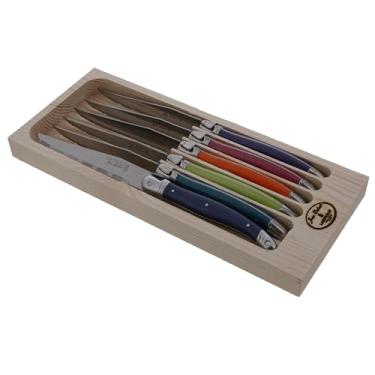 Imagem de Jean Dubost Conjunto de facas para bife Laguiole de 6 peças, alças coloridas Paris - Lâminas de 1,2 mm - Aço inoxidável resistente à ferrugem - Inclui bandeja de madeira - Feito na França