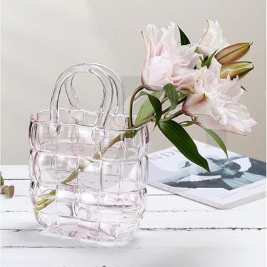 Imagem de Vaso exclusivo para flores, bolsa de vidro transparente de 28 cm com alça e bolhas, vasos de vidro feitos à mão com design de bolsa elegante, adequado para centro de mesa, decoração de casamento