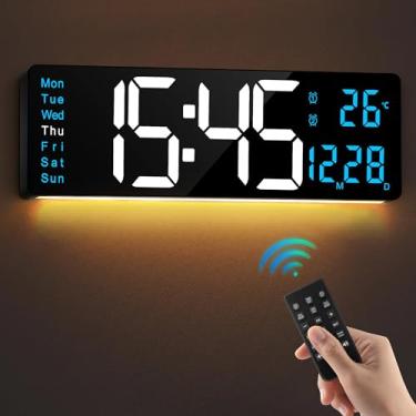 Imagem de LEIKE Relógio de parede digital grande de 40,6 cm, controle remoto, 2 alarmes, visor de LED, horário automático, temperatura, relógio de parede operado por bateria para sala de estar, quarto, mesa,