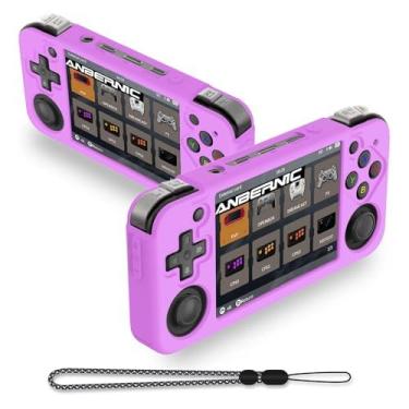 Imagem de FIOPAZ Capa de silicone para Anbernic RG35XX H, capa macia para proteção RG35XXH, capa de console de jogos portátil anti-arranhões RG35xx H com cordão (roxo)