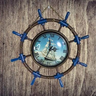 Imagem de YCHTEWY - Volante de barco de metal para barco arte decoração de parede tipo relógio suspenso, operado por bateria, presente criativo para decoração de casa para sala de estar, quarto, escritório (C)