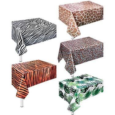 Imagem de 5 Pack Animal Safari Tablecloth,Zoo Print Table Cover,Jungle Animal Theme Leopard Tiger Zebra Giraffe Palm Leaf Print Tablecloth Party Supplies for Zoo Jungle Safari Theme Birthday Party Baby Showers