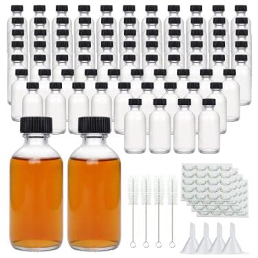 Imagem de Garrafas de vidro transparentes pequenas com tampas, recipientes de vidro de 59 ml com etiquetas, funis e pincéis, garrafas redondas de amostra para suco, óleos, doses de gengibre, uísque, líquidos, pacote com 80