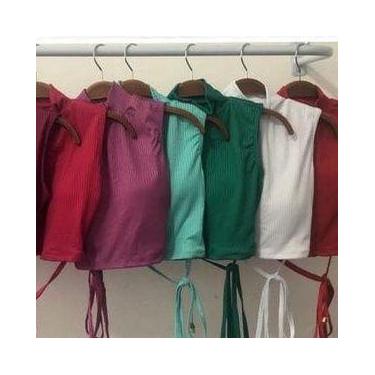 Imagem de Blusa cropped canelado gola alta cavado feminino amarração na cintura 