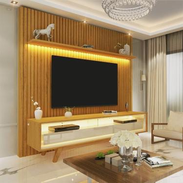 Imagem de Painel Para Tv Ripado Led 2 Gavetas 2 Prateleiras Com Pés 184Cm Nobre Gelius Móveis Naturale/Off White