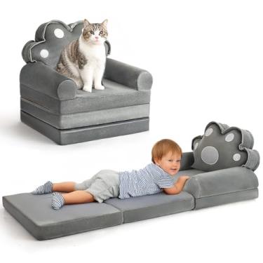 Imagem de AskCat Kids Sofa Comfy, Kids Couch Fold Out to Lounger, Foldable Kids Sofa Plush for Reading and Seating(Grey Cat Paw)