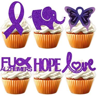 Imagem de 18 peças de enfeite de cupcake de sobremesa roxa para cuidados com a doença de Alzheimer, decorações temáticas de conscientização feliz livre sobrevivente guerreiro festa de aniversário decoração
