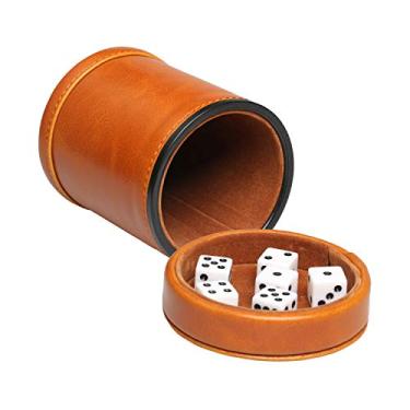 Imagem de RERIVER Copo de dados de couro sintético com tampa inclui 6 dados, interior de veludo silencioso em agitação para jogos de tabuleiro Farkle Yahtzee, marrom