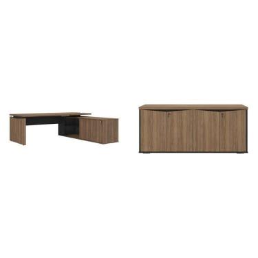 Imagem de Kit 2 Peças Com Mesa Diretor Em L Porta De Correr Com Recorte Em Y E Balcão 4 Portas Com Chave Nogal/preto