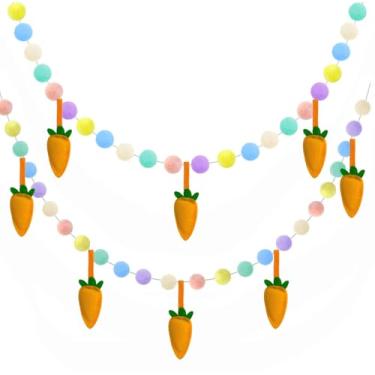 Imagem de LLHFLY Guirlanda De Decoração Para Festa Páscoa, 2 Peças Banner Com Bolas Pompom E Cenouras Feltro 3D, Parede Arco-Íris Aniversário, Janela, Lareira, Árvore, Casa, Escritório, Sala Aula, Suprimentos