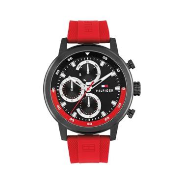 Imagem de Tommy Hilfiger Relógio esportivo masculino – multifunções de quartzo, caixa de aço inoxidável, mostrador Sunray com índices de bastão e sub-olhos texturizados em CD, coroa grande, pulseira de silicone
