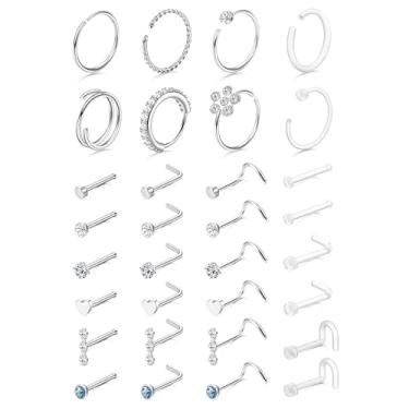 Imagem de THUNARAZ 32 peças de anéis de nariz para mulheres e homens - Retentor de aço inoxidável cirúrgico hipoalergênico em forma de L transparente/reto/saca-rolhas, argolas, cartilagem, hélice, tragus