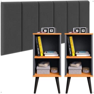 Imagem de Jogo Quarto Casal 2 Mesinhas Charme Retrô Prateleira Nicho Cinza/Cinamomo Cabeceira Suspensa Julia Cama Box Queen 1,60 Cinza Suede - Lojas rpm