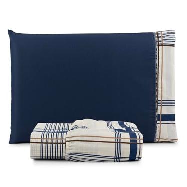Imagem de Roupa de Cama Jogo Kit Solteiro 2 Peças - Lençol Percal 180 Fios 80% Algodão com Elástico Reforçado em Toda a Volta. (XADREZ AZUL)