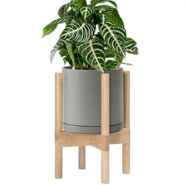 Imagem de D'vine Dev Vaso de cerâmica com suporte natural - Vaso de flores redondo moderno de 20 cm com suporte de plantador de madeira, cinza, 55-B-N-3