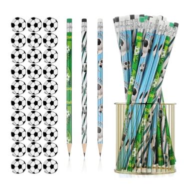 Imagem de goldhik 60 lápis de futebol e borrachas de futebol, lápis esportivos de madeira divertidos com borracha, artigos de papelaria escolares com tema esportivo, lembrancinhas de festa de aniversário