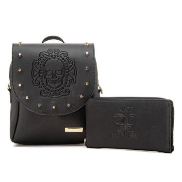 Imagem de Kit Mochilinha Preto Alice Monteiro Mochila de Costas com Carteira Por