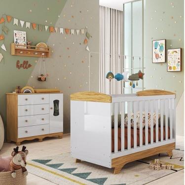 Imagem de Quarto De Bebê Com Cômoda 1 Porta Janelada 4 Gavetas E Berço Minicama 100% Mdf Lena Espresso Móveis Branco