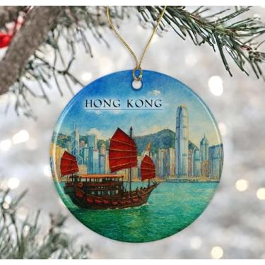 Imagem de Enfeite de aquarela de Hong Kong - Lembrança de Natal de cerâmica - Aniversário de lua de mel - Lembrança de viagem - Presente de inauguração de casa - Presente para amantes de Hong Kong impresso em