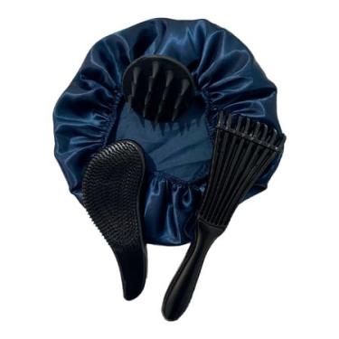 Imagem de Kit Escova Polvo 3 Peças, Escova Mágica com Massageador Capilar e Touca de Cetim, Cores Sortidas, para Cabelos Cacheados e Crespos (Preto)