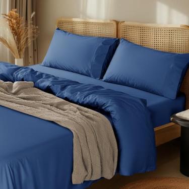 Imagem de LBRO2M Jogo de lençol 100% algodão com bolso profundo 61 cm, 1000 fios tamanho casal 4 peças, roupa de cama macia e confortável para todas as estações (casal, azul marinho)