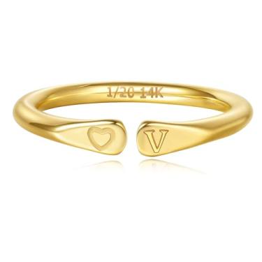 Imagem de YIKOXI Anéis femininos preenchidos a ouro 14 k com inicial esculpida à mão e não mancham alianças em formato de coração para mulheres, Aço inoxidável, Sem pedra preciosa