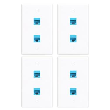 Imagem de Placa de parede Ethernet 2 portas Cat6 placa de parede com acoplador Keystone RJ45 conector de parede Ethernet fêmea para fêmea, perfeito para rede doméstica e escritório (azul, pacote com 4)