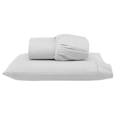 Imagem de Jogo De Cama Solteiro Kit 2 Peças Lençol Elástico E Fronha Com Ponto Palito Percal 300 Fios Toque Suave Macio (Lençol Branco)